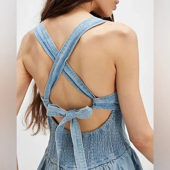 FREE PEOPLE Laurel Denim Mini Dress Light Wash XL nwt - Picture 11 of 16